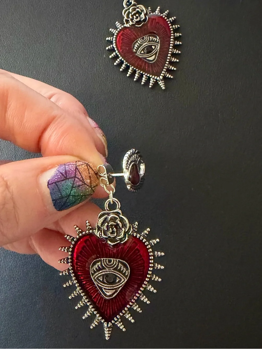Gothic Crimson Sacred Heart & Protection Eye Dangle Earrings